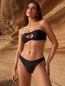 Anewsta Solid Color Bikini Swimming Suit For Beach Vacation, Strapless, Wireless For Summer - Black - View 2