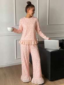 DAZY 2pcs Sweet Ditsy Floral & Embroidery Ruffle Trim Pajama Set For Women, Summer - Pink - View 5
