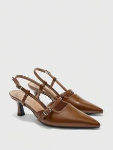 CUCCOO BIZCHIC Giày Slingback đi làm đa năng, mũi nhọn da bóng gót mảnh cổ thấp cho nữ - màu nâu - Xem 7
