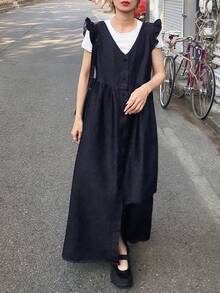 FRIFUL 女士V领荷叶边袖口牛仔连衣裙，休闲度假及日常通勤，夏季 - 藍色 - 查看 10