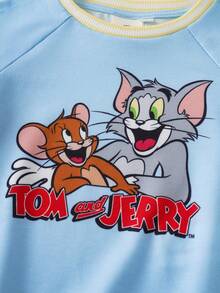 TOM & JERRY X SHEIN 男嬰對比飾邊圓領可愛印花插肩袖上衣 - 藍色 - 查看 3