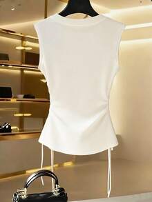 GlowEve CURVE Women's Irregular Diagonal Zip Sleeveless Top, Double Side Drawstring Ruched Slim Knit Vest For Spring Summer Office Layering - White - View 2