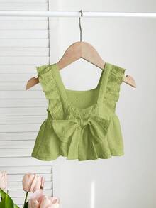 SHEIN Áo kiểu bé gái dễ thương, có họa tiết, thắt nơ, thích hợp cho mùa hè. - Màu xanh Ô liu - Xem 5