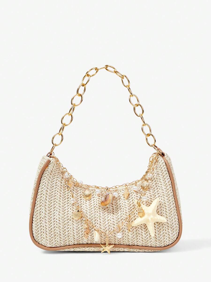 Viva Strut 1pc Summer Beach Starfish Series Shell & Seashell Woven Shoulder Hand Carry Bag, Beach Bag, Straw Handbag For Women (Charm Color & Style Randomly) , Summer - Multicolor G - View 1