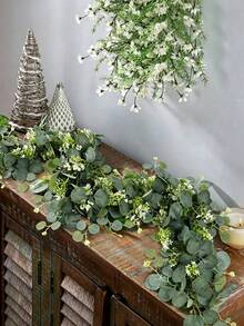 1 pieza/2 piezas, Guirnalda artificial de 6 pies de eucalipto con flores de rosa de seda falsa, hojas de eucalipto con semillas y follaje verde para arco de boda, mesa, pared, fondo, fiesta, habitación, decoración del hogar, dormitorio, baño, cocina - Blanco - Ver 2
