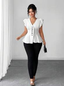 Elenzga Plus Size Elegant Commuting Outerwear Black Contrast Trim Cap Sleeve Shirt - White - View 6
