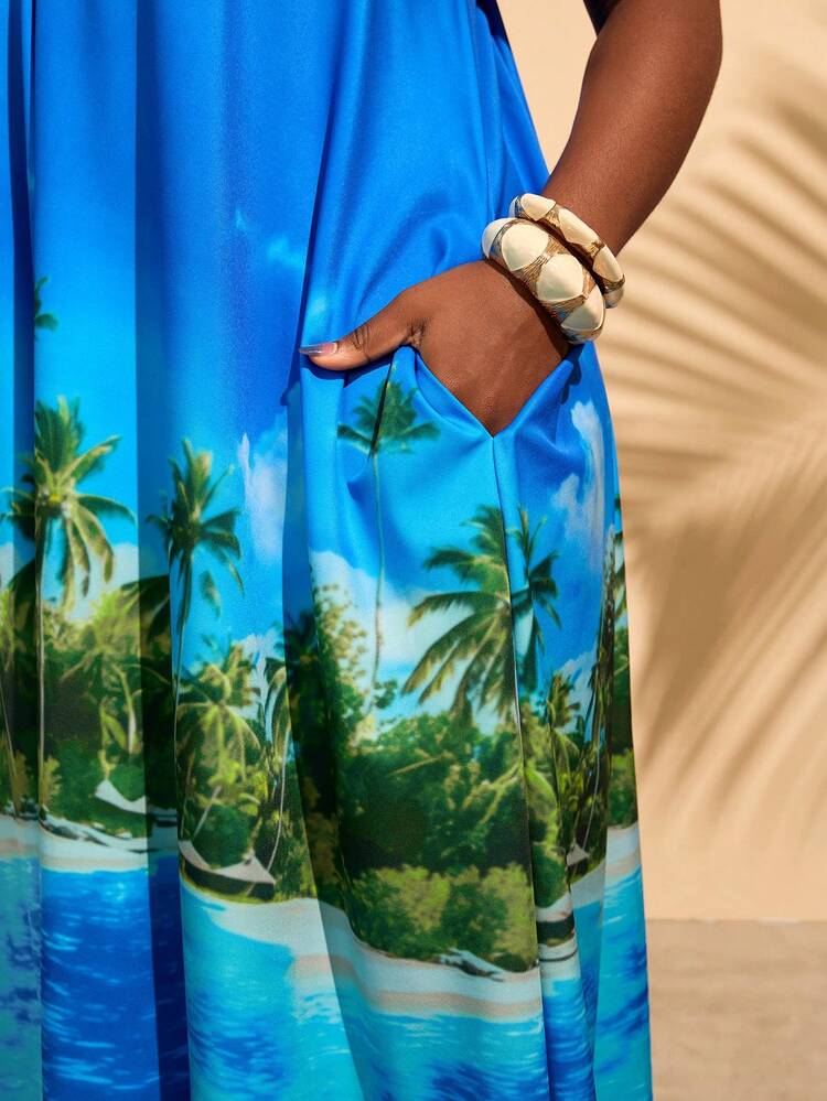 Plus Size Women's Summer Beach Vacation Tropical Palm Tree Print Tie Front Halter Dress