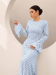 Graceveil 優雅波點高領喇叭袖收腰魚尾洋裝 - 藍色 - 查看 7