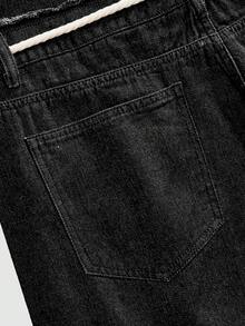 ROMWE MEN Street Life Men's Loose Denim Shorts With Sparkling Diamond Embellished Waistband And PU Leather Patchwork - Black - View 5