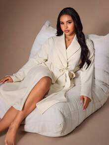 Lazeform Solid Color Waffle Knit Shawl Collar Open Front Tie Waist Plus Size Robe - Apricot - View 1