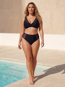 ELLERISSA Conjunto de bikini negro con paneles de malla para tallas grandes - Negro - Ver 3