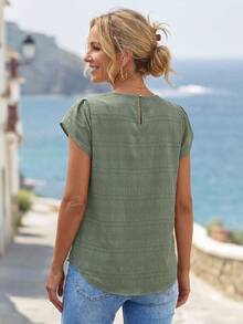 Faunlyn Solid Color Petal Sleeve Back Keyhole Blouse - Green - View 2