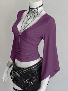 EgrlEra Deep V-Neck Sexy Mid-Length Fitted T-Shirt - Purple - View 4