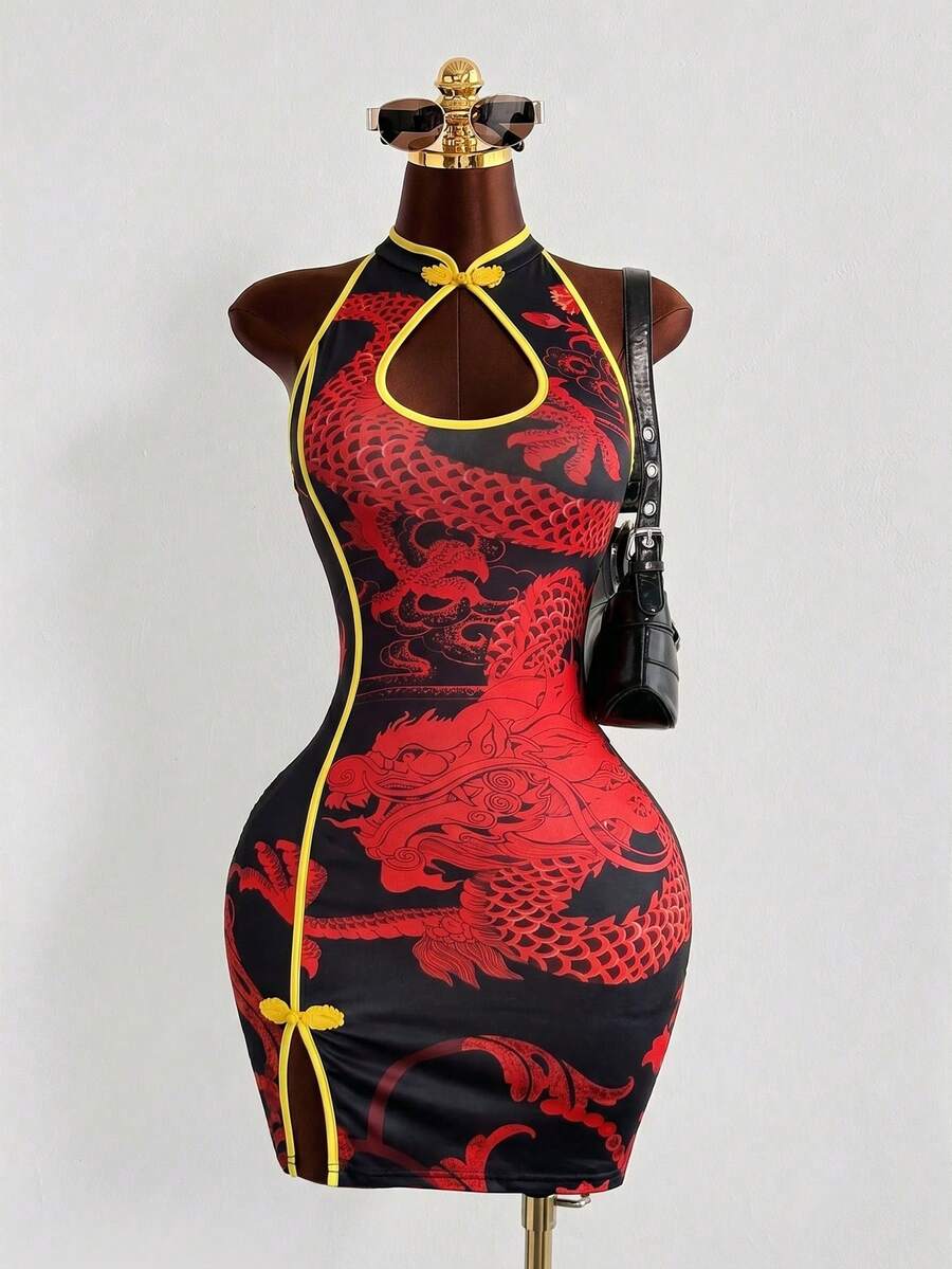 Sunspun 中式龍圖案掛脖旗袍洋裝，撞色緊身迷你洋裝，復古1960年代性感無袖洋裝，黑色夏季電音派對風 - 紅色 - 查看 1