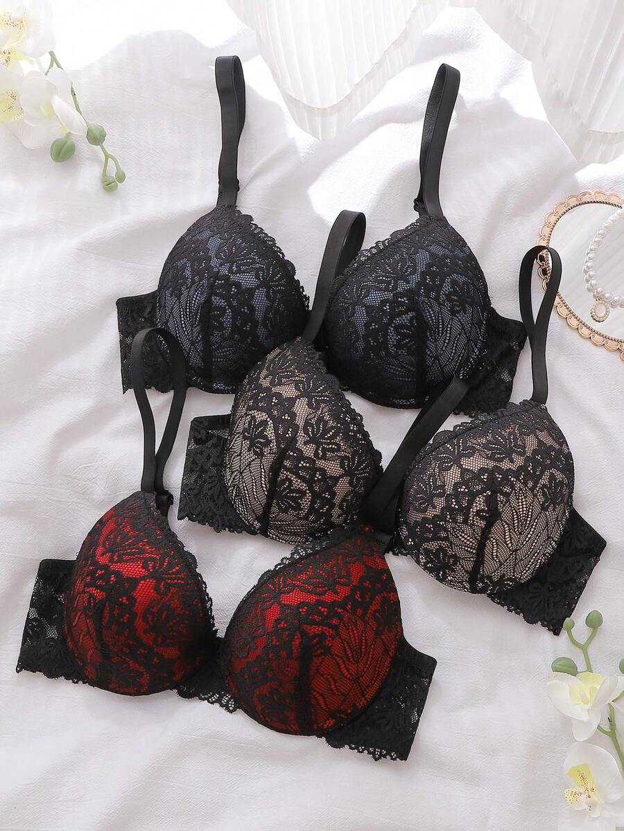 Wired Lace Bras For Women With Stylish Scallop Design Balconette Bras - Multicolor - View 1