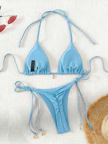 Bellisia 女款夏季海灘純色掛脖綁帶性感比基尼泳衣套裝 - 藍色 - 查看 3