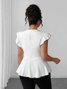 Elenzga Plus Size Elegant Commuting Outerwear Black Contrast Trim Cap Sleeve Shirt - White - View 2