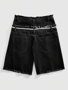 ROMWE MEN Street Life Men's Loose Denim Shorts With Sparkling Diamond Embellished Waistband And PU Leather Patchwork - Black - View 4