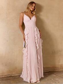 Enchnt Vestido romántico para vacaciones con volantes en el bajo, plisado y espalda descubierta - Rosa - Ver 6
