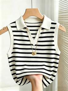 Franclia Áo vest dệt kim cổ bẻ kẻ sọc thanh lịch, kiểu dáng thường ngày dành cho nữ - Màu be - Xem 4