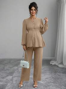 Momance 2 pièces Ensemble de maternité, Cardigan à manches longues avec boutons et fronces à la taille, Pantalon de maternité ample - Kaki - Voir 6