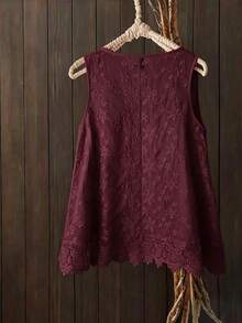 SHEIN LUNE CURVE 大码女式春夏刺绣无袖圆领修身背心，百搭时尚 - 酒紅色 - 查看 2