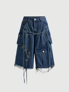 ROMWE Grunge Punk 街頭風丹寧龐克重磅破舊寬鬆低腰女款七分褲，日常穿著，藍色，適合夏季電音派對與演唱會 - 深色水洗藍 - 查看 5