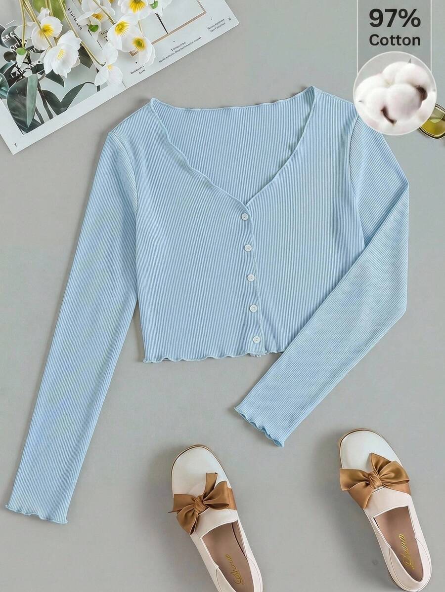 SHEIN EZwear 女士春夏休闲日常通勤简约蓝色荷叶边单排扣修身短款T恤 - 淺藍色 - 查看 1