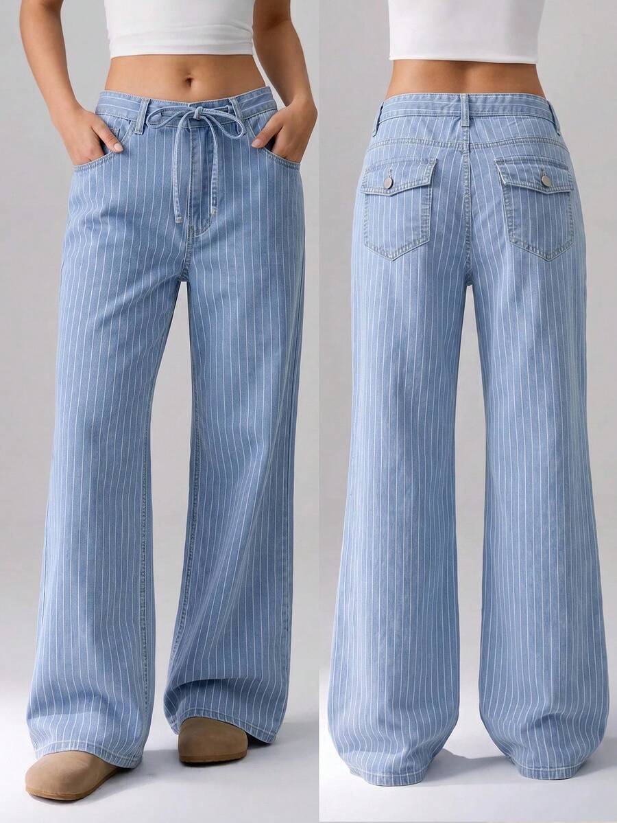 TRNVIE Quần jeans nữ dáng rộng, kẻ sọc, có dây rút ở eo và đai quần. - Rửa nhẹ - Xem 1