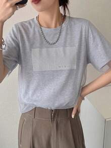 FRIFUL 女士夏季纯色拼接透视网纱宽松休闲百搭T恤 - 淺灰色 - 查看 8