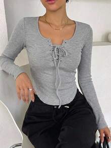 DAZY Solid Color Slim Fit Cross Tie Long Sleeve T-Shirt - Grey - View 8