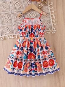 SHEIN Elladie kids 两件套少女时尚休闲碎花连衣裙，纯色荷叶袖，适合夏季海滩度假和姐妹装 - 彩色 - 查看 4