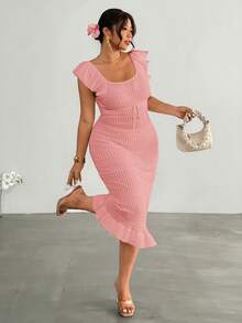 Firerie Plus Size Solid Color U-Neck Cap Sleeve Ruffle Hem Drawstring Summer Sweater Dress Fall - Pink - View 4