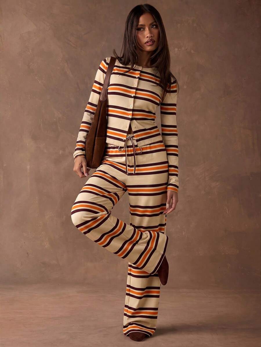 SHEIN BAE 女士休闲通勤条纹裤 - 卡其色 - 查看 1