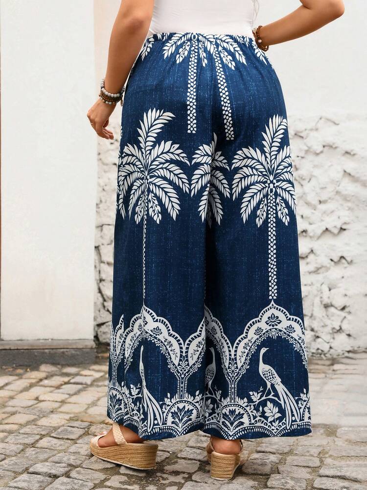 Plus Size Summer Vacation Coconut Tree Print Wide Leg Pants Summer Outfit For Women