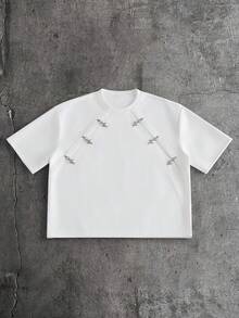 AXEPEAK Men's Metal Decor Round Neck White Short Sleeve T-Shirt, Summer - White - View 7
