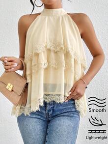 Firerie Halter Neck Ruffled Cake Chiffon Lace Hem Blouse Beach Vacation, Summer Holiday, Tropical, Resort Wear, - Apricot - View 8