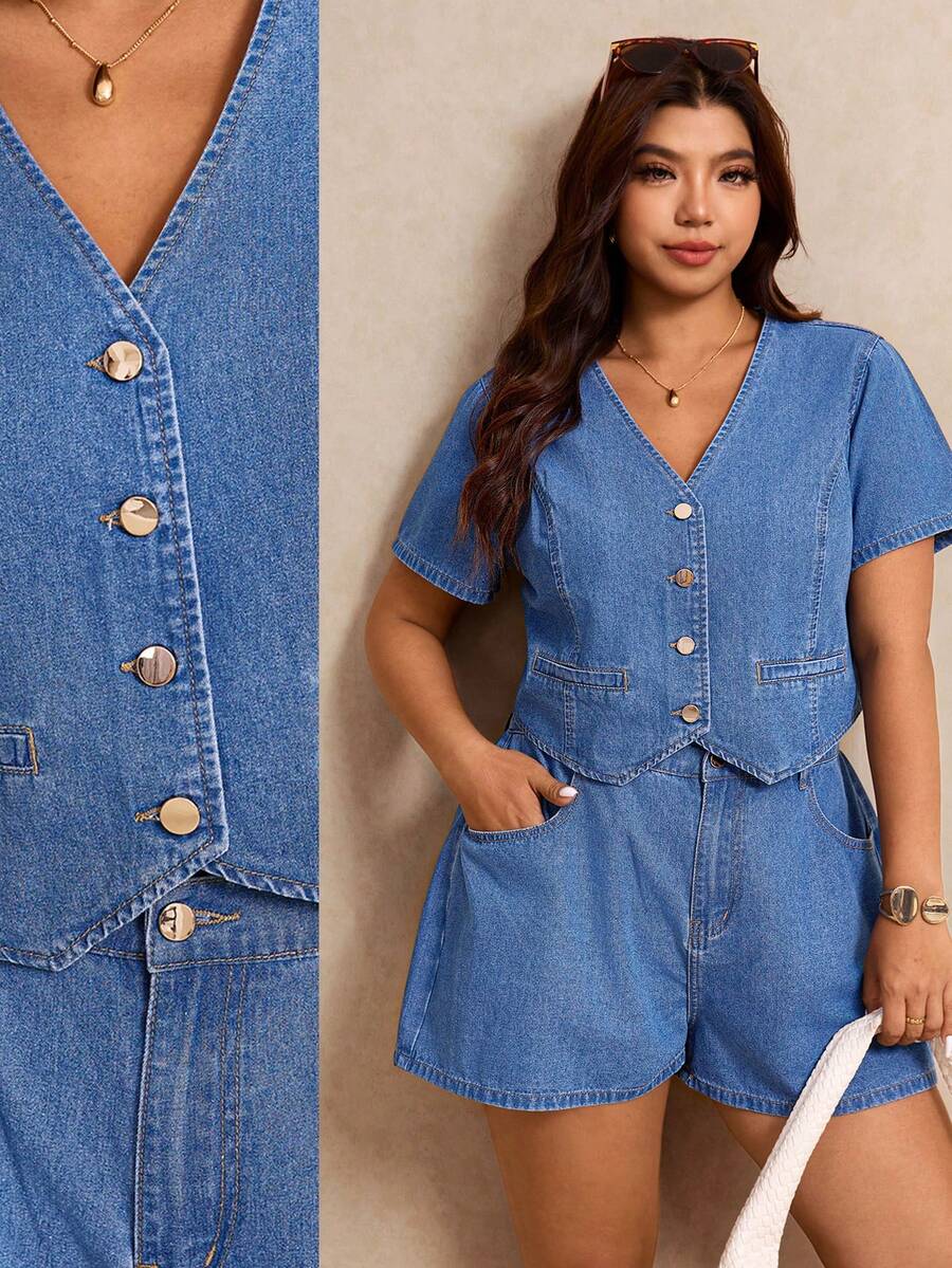 Elaquor Women Plus Size Dark Blue Summer Denim 2 Pieces Set,Casual Everyday V-Neck Single-Breasted Short Sleeve Top & Shorts,Comfortable Cotton Denim Outfits - Blue - View 1