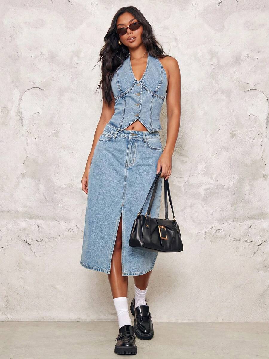 SHEIN مجموعة قطعتين من الجينز، ملابس علوية وتنورة - أزرق متوسط - مشاهدة 1