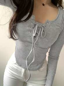 DAZY Solid Color Slim Fit Cross Tie Long Sleeve T-Shirt - Grey - View 6