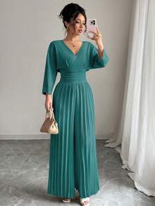 Rafferiza Women's Solid Color Overlapping V-Neck 3/4 Sleeve Pleated Wide Leg Elegant Jumpsuit - Cadet Blue - View 7
