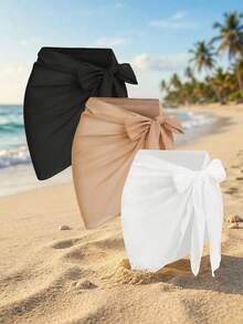 SHEIN Swim 大尺碼女款雪紡休閒熱帶性感希臘女神度假海灘遮陽裙套裝 白色 黑色 全白 夏季 - 彩色 - 查看 5