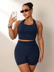 SHEIN Rhythm Era Plus Size Women Summer Minimalist Navy Seamless Halter Top And High Waist Shorts Sports Set - Navy Blue - View 7