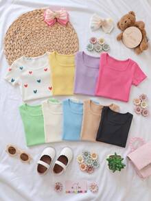 SHEIN Baby Girls Casual Solid Color Ruffles Trim Short Sleeve Knitwear Tops,Random 9 Pieces, Send 4 Pieces - Multicolor - View 3
