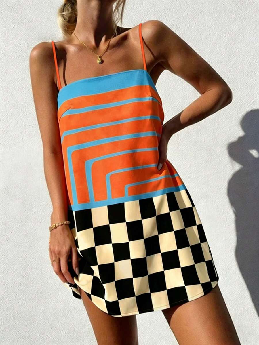 Vaclyn Women's Summer Casual Fashionable Vacation Style Patchwork Print Loose Strap Dress - Multicolor - View 1