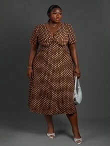 CurvyTilda Plus Size Polka Dot Print Twist Knot Casual Vacation Dress Elegant Summer, For Hourglass Body Shape - Coffee Brown - View 1
