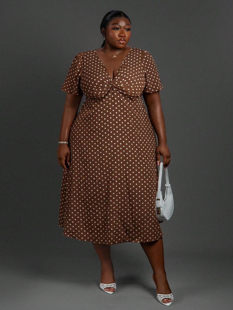 CurvyTilda Plus Size Polka Dot Print Twist Knot Casual Vacation Dress Elegant Summer, For Hourglass Body Shape - Coffee Brown - View 1