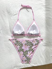 SHEIN 少女豹纹和花卉印花比基尼套装 - 彩色 - 查看 2