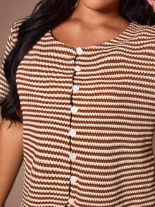 Lazeform Women's Casual Textured Striped Jacquard Round Neck Cardigan Short Sleeve Pants Pajama Set, Plus Size Lounge Brown Summer - Coffee Brown - View 5