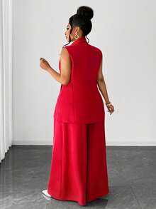 Maweii Plus Size Women Casual Elegant Blazer Jacket And Wide Leg Pants Suit, Suitable For Work Commute, Autumn/Winter - Red - View 5